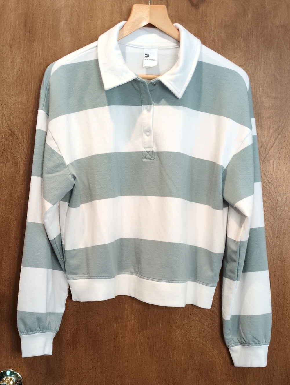 all in motion Striped Rugby Polo Sweatshirt - Sage Green & White Size S